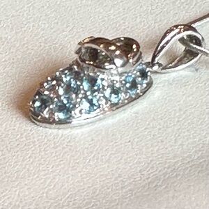 VTG 14K White Gold  Baby Shoe Bootie Charm Necklace Pendant Blue Topaz December